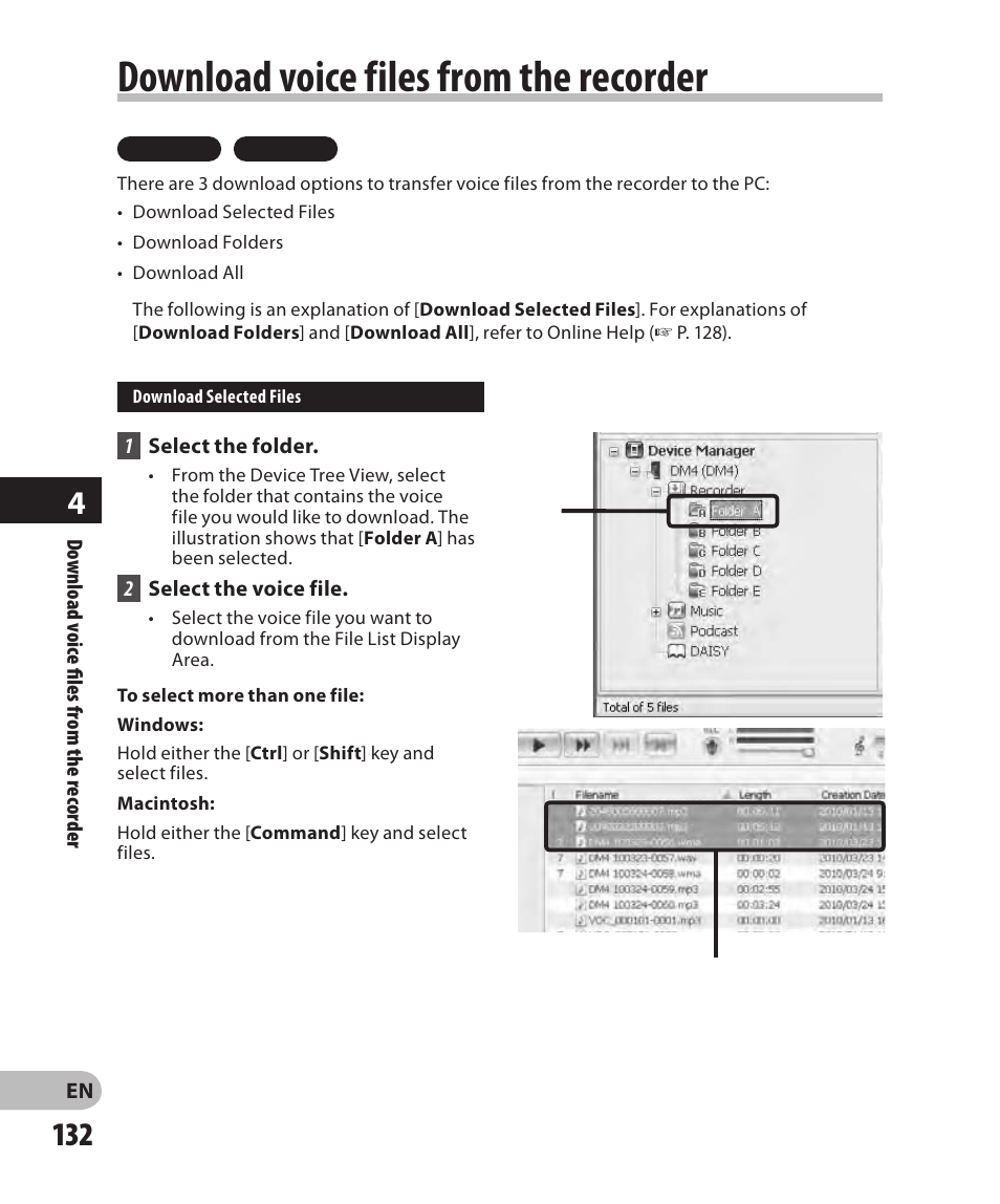Download voice files from the recorder | Olympus DM-2 User Manual | Page 132 / 185