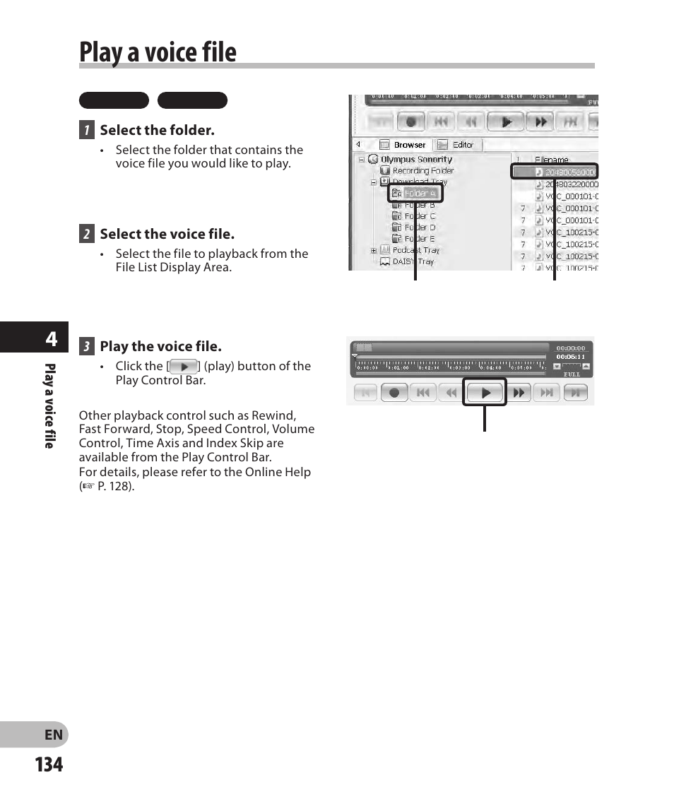 Play a voice file | Olympus DM-2 User Manual | Page 134 / 185