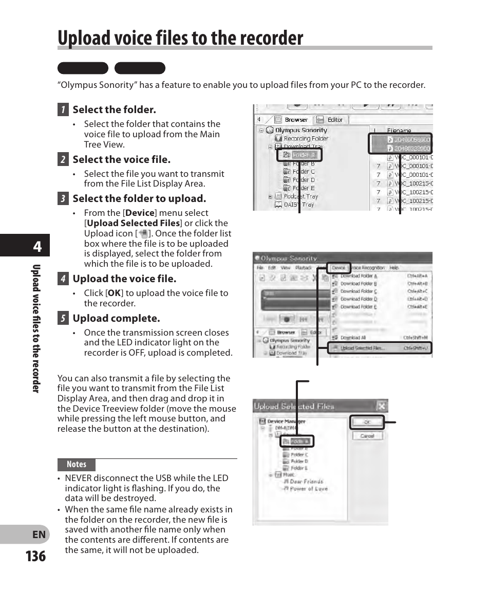 Upload voice files to the recorder | Olympus DM-2 User Manual | Page 136 / 185