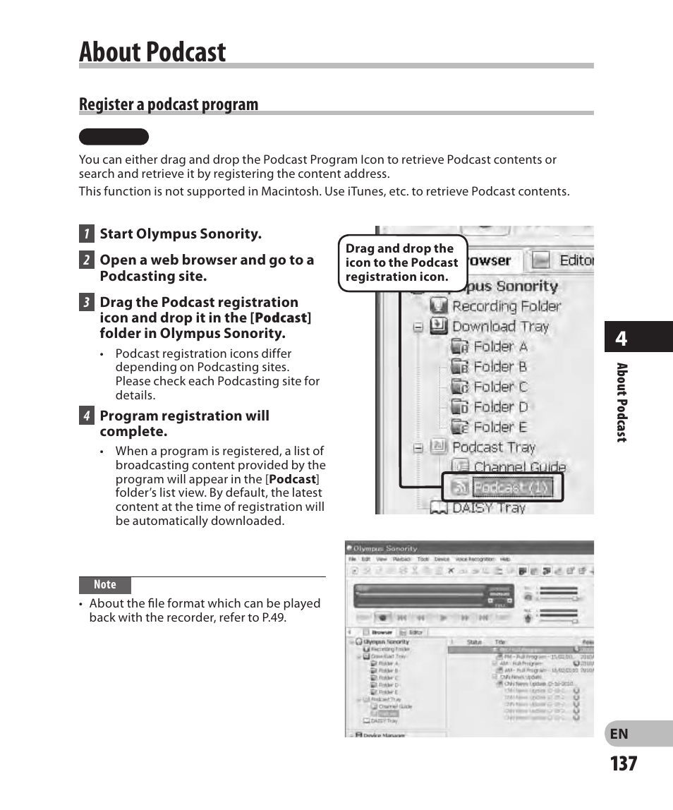About podcast, Register a podcast program | Olympus DM-2 User Manual | Page 137 / 185