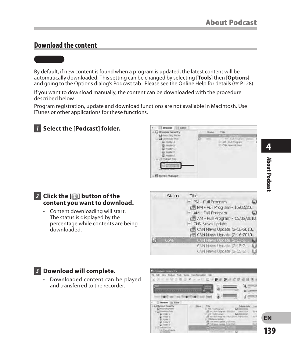 Download the content, About podcast | Olympus DM-2 User Manual | Page 139 / 185