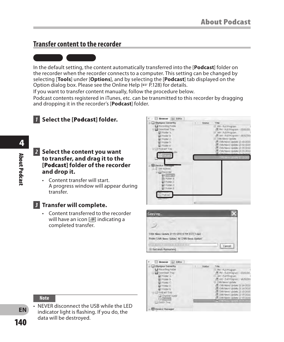 Transfer content to the recorder, About podcast | Olympus DM-2 User Manual | Page 140 / 185