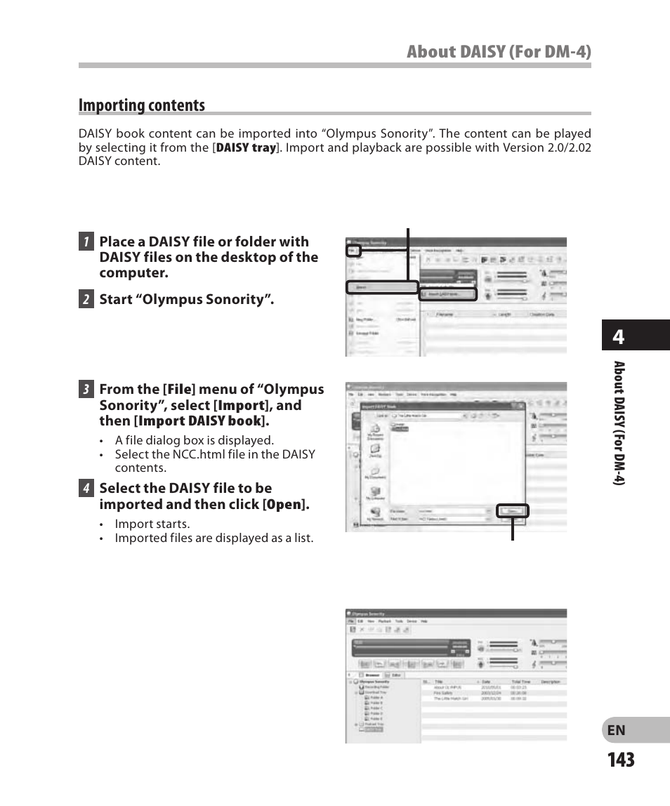 Importing contents | Olympus DM-2 User Manual | Page 143 / 185