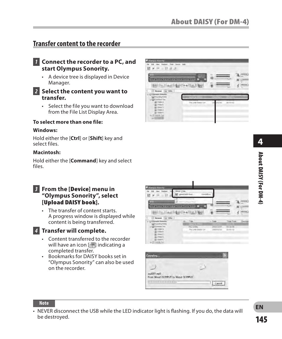Transfer content to the recorder, About daisy (for dm-) | Olympus DM-2 User Manual | Page 145 / 185