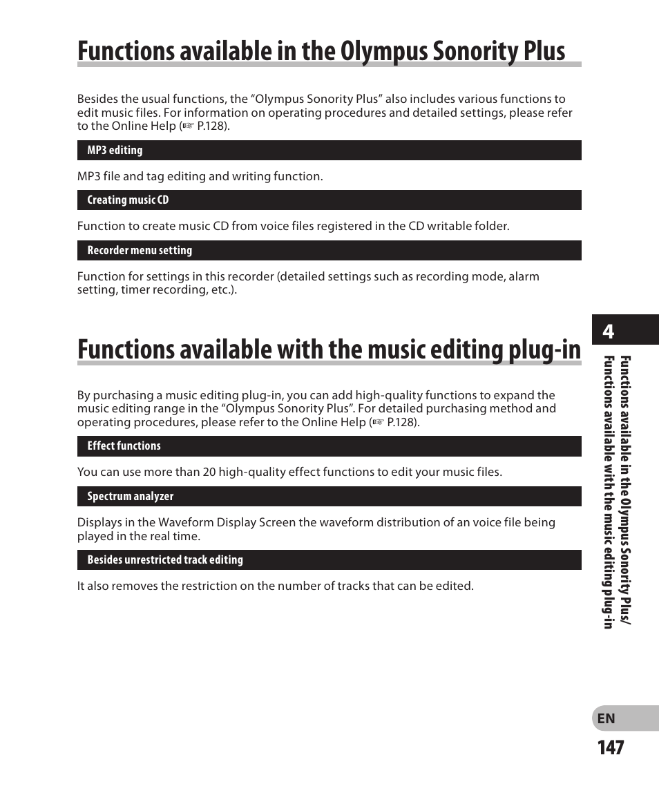 Functions available in the olympus sonority plus, Functions available with the music editing plug-in, Functions available in | The olympus sonority plus, Functions available with the, Music editing plug-in | Olympus DM-2 User Manual | Page 147 / 185