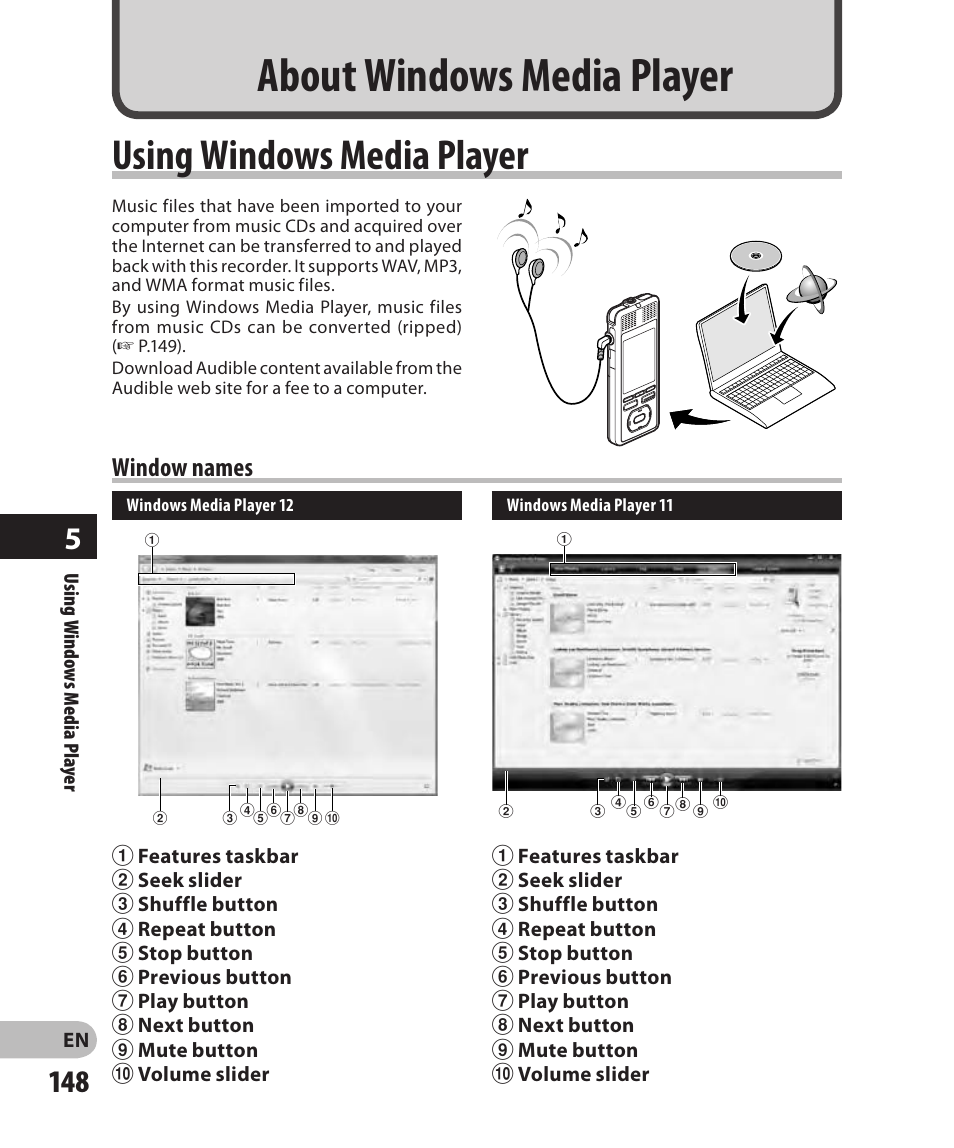 About windows media player, Using windows media player, Window names | Olympus DM-2 User Manual | Page 148 / 185