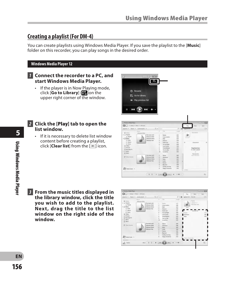 Creating a playlist (for dm-4) | Olympus DM-2 User Manual | Page 156 / 185