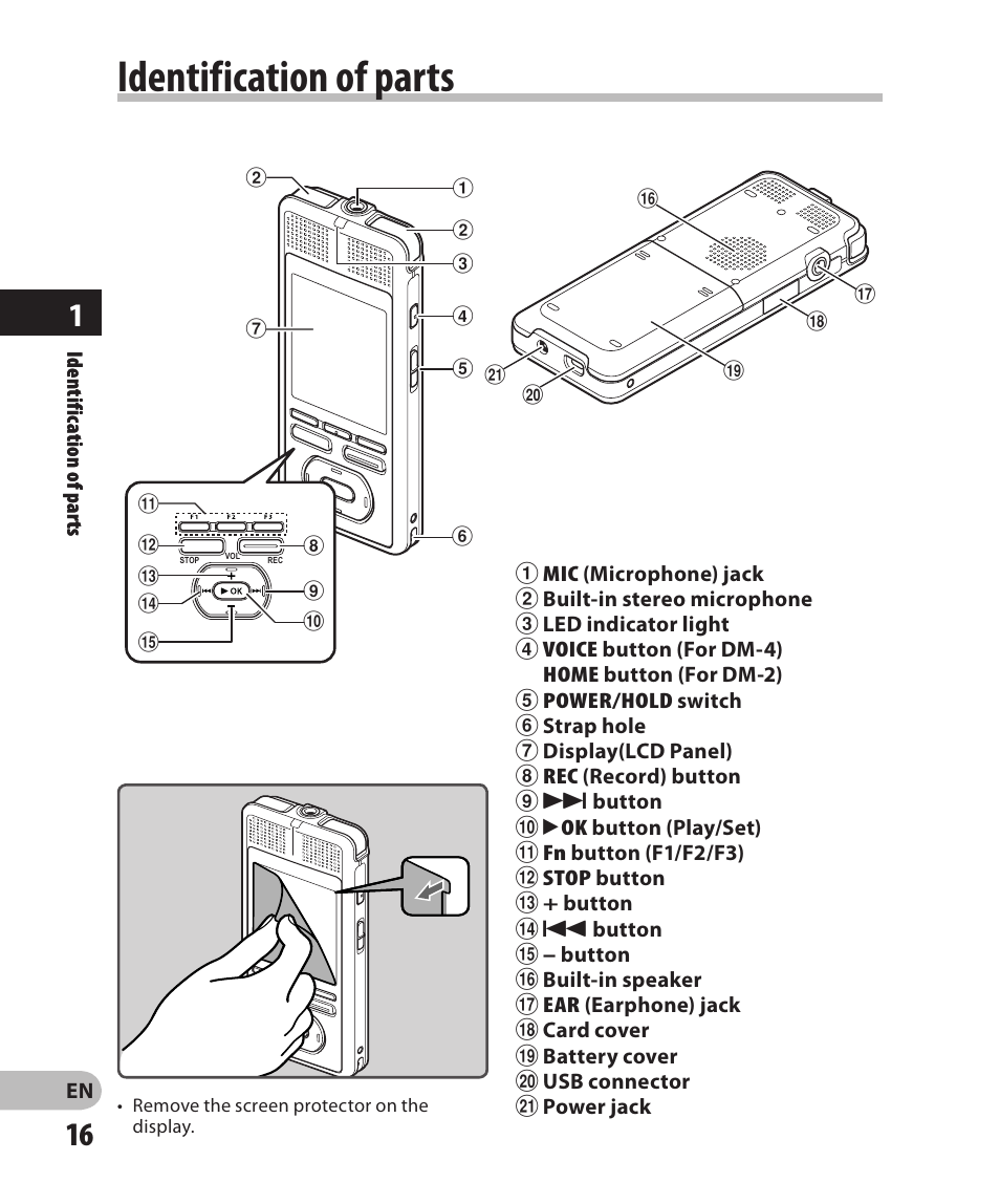 Identification of parts | Olympus DM-2 User Manual | Page 16 / 185