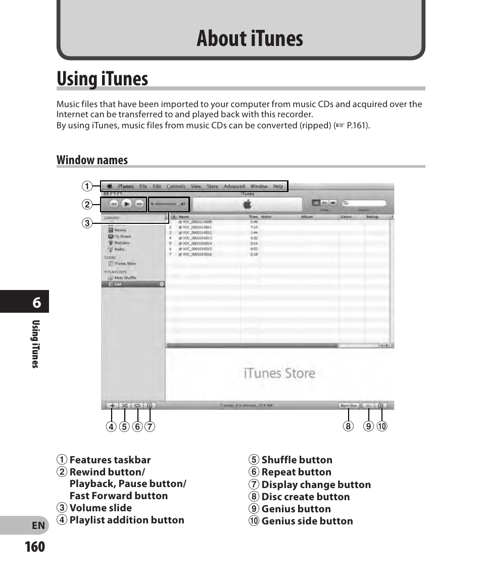About itunes, Using itunes, Window names | Olympus DM-2 User Manual | Page 160 / 185