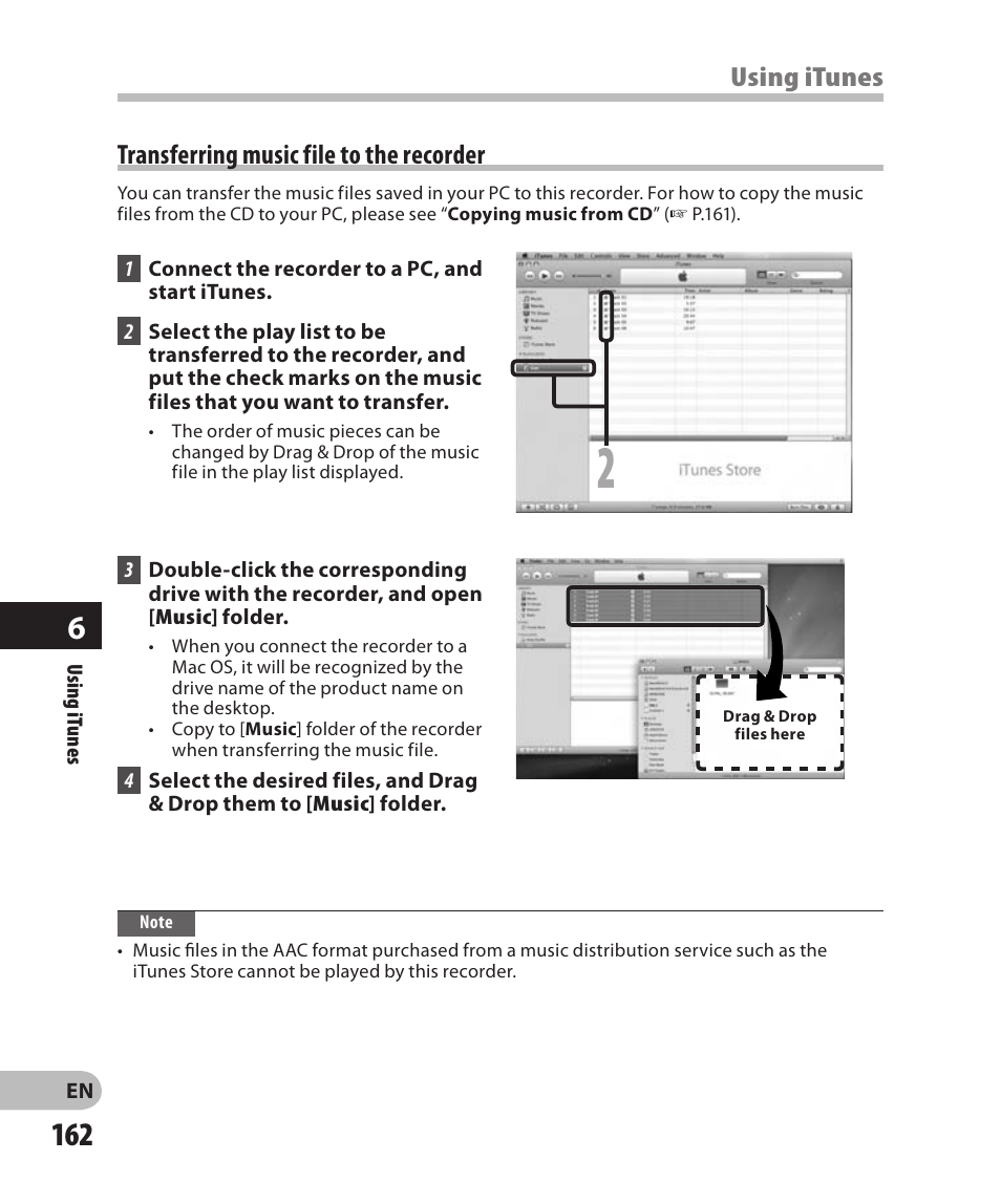 Transferring music file to the recorder, Using itunes | Olympus DM-2 User Manual | Page 162 / 185