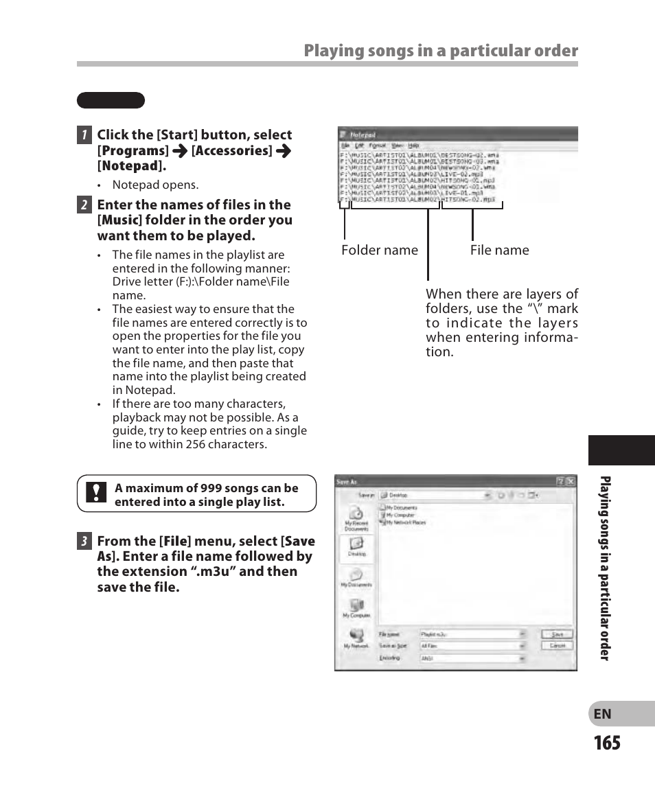 Playing songs in a particular order | Olympus DM-2 User Manual | Page 165 / 185