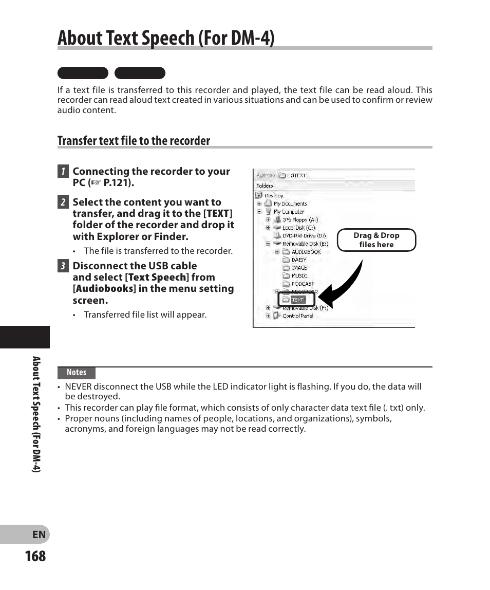 About text speech (for dm-4), Transfer text file to the recorder | Olympus DM-2 User Manual | Page 168 / 185