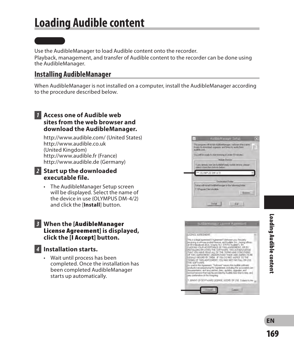 Loading audible content, Installing audiblemanager | Olympus DM-2 User Manual | Page 169 / 185