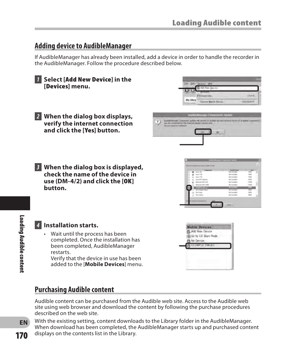 Adding device to audiblemanager, Purchasing audible content | Olympus DM-2 User Manual | Page 170 / 185