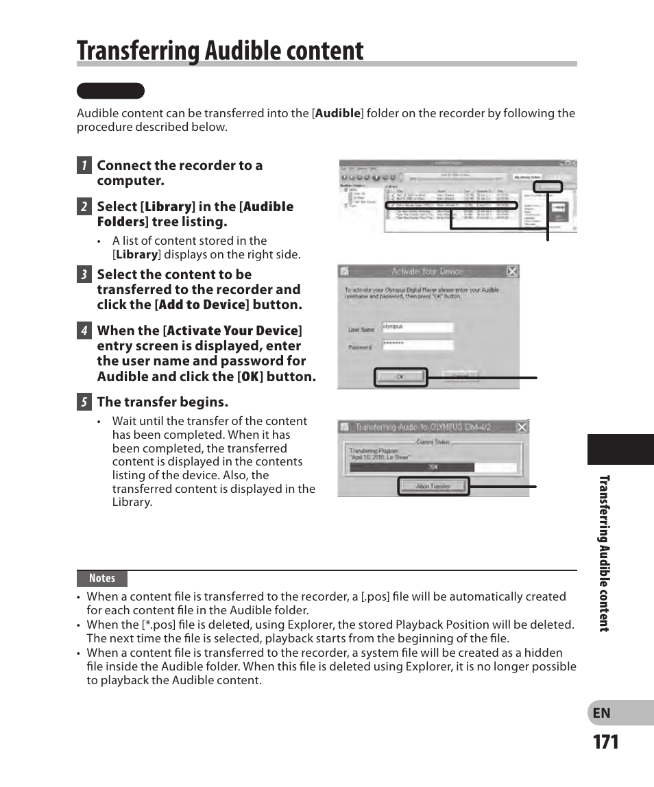 Transferring audible content | Olympus DM-2 User Manual | Page 171 / 185
