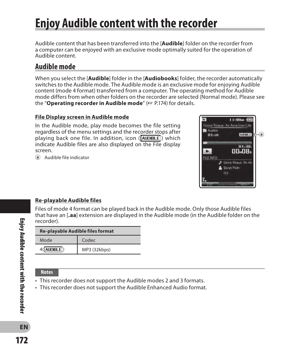 Enjoy audible content with the recorder, Audible mode, Enjoy audible content with | The recorder | Olympus DM-2 User Manual | Page 172 / 185
