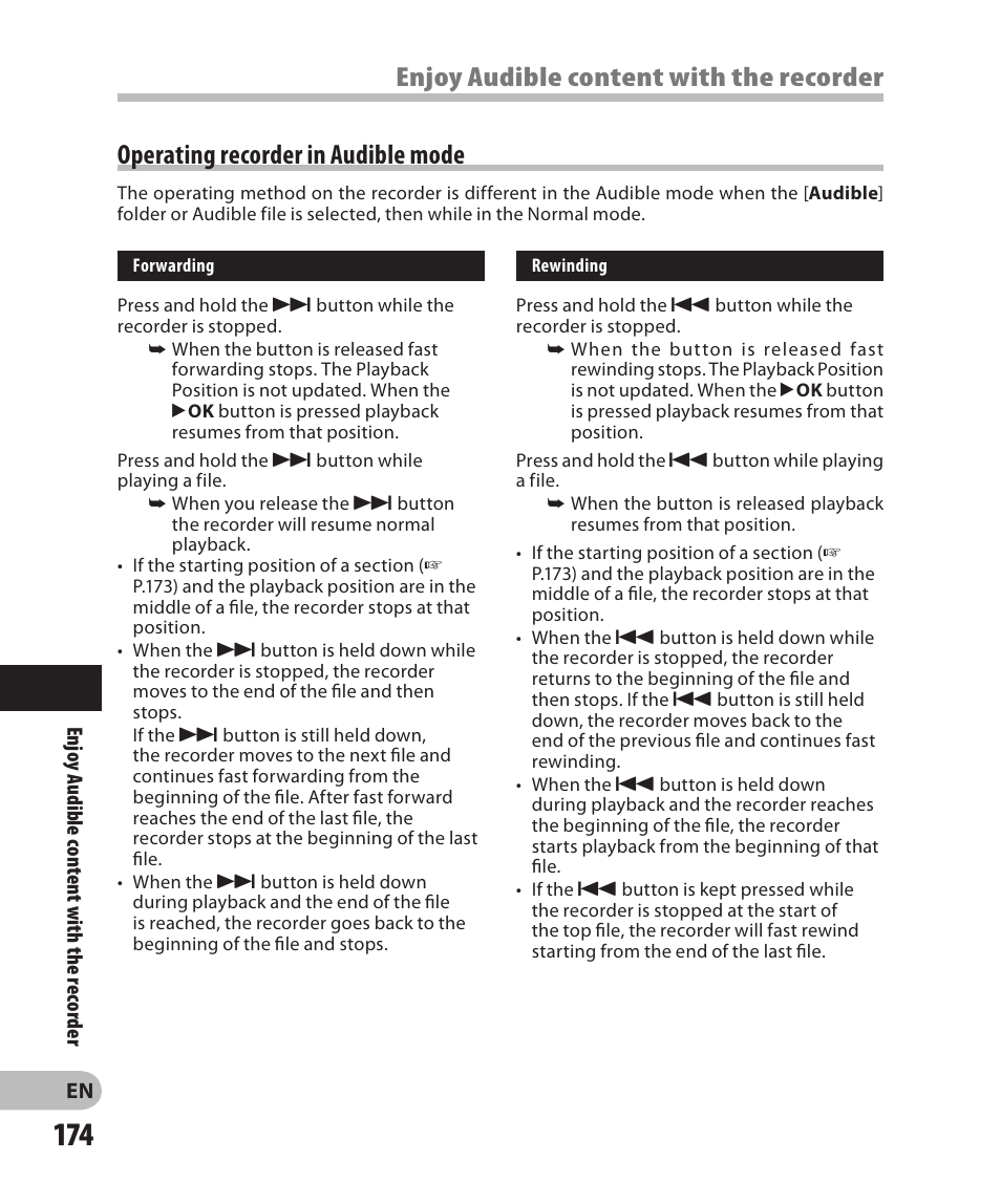 Operating recorder in audible mode, Enjoy audible content with the recorder | Olympus DM-2 User Manual | Page 174 / 185