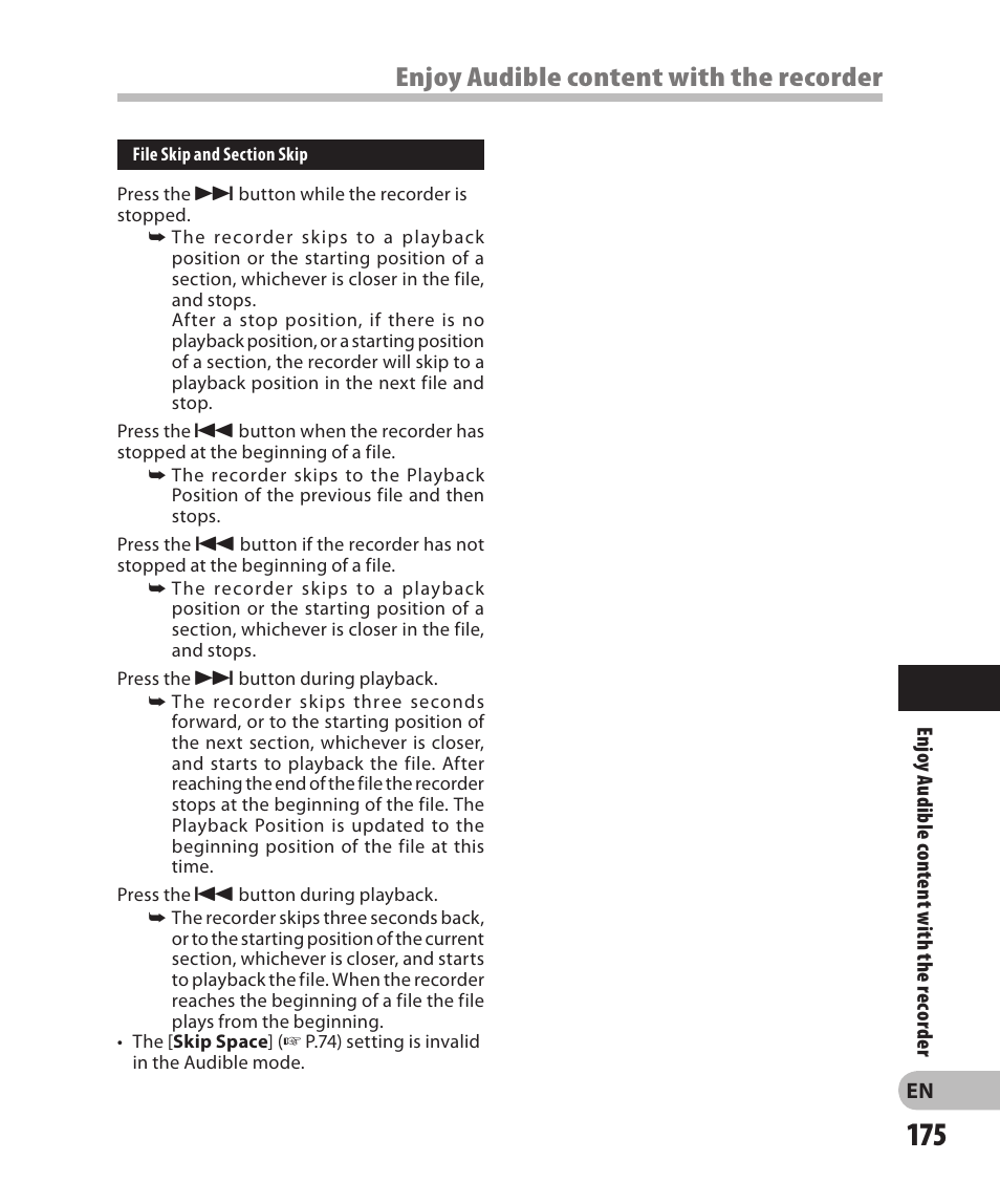 Enjoy audible content with the recorder | Olympus DM-2 User Manual | Page 175 / 185