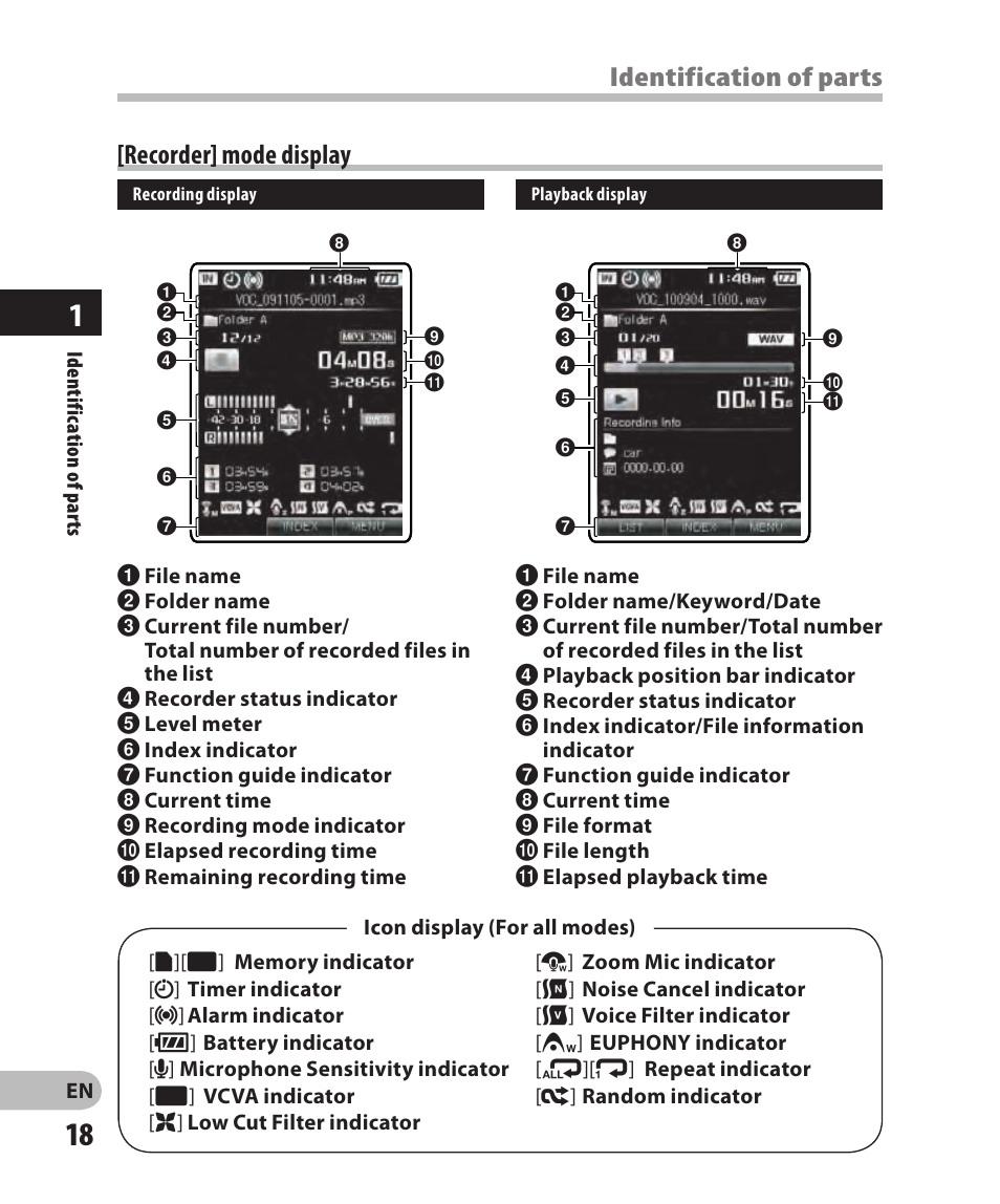Recorder] mode display, Identification of parts [recorder] mode display | Olympus DM-2 User Manual | Page 18 / 185