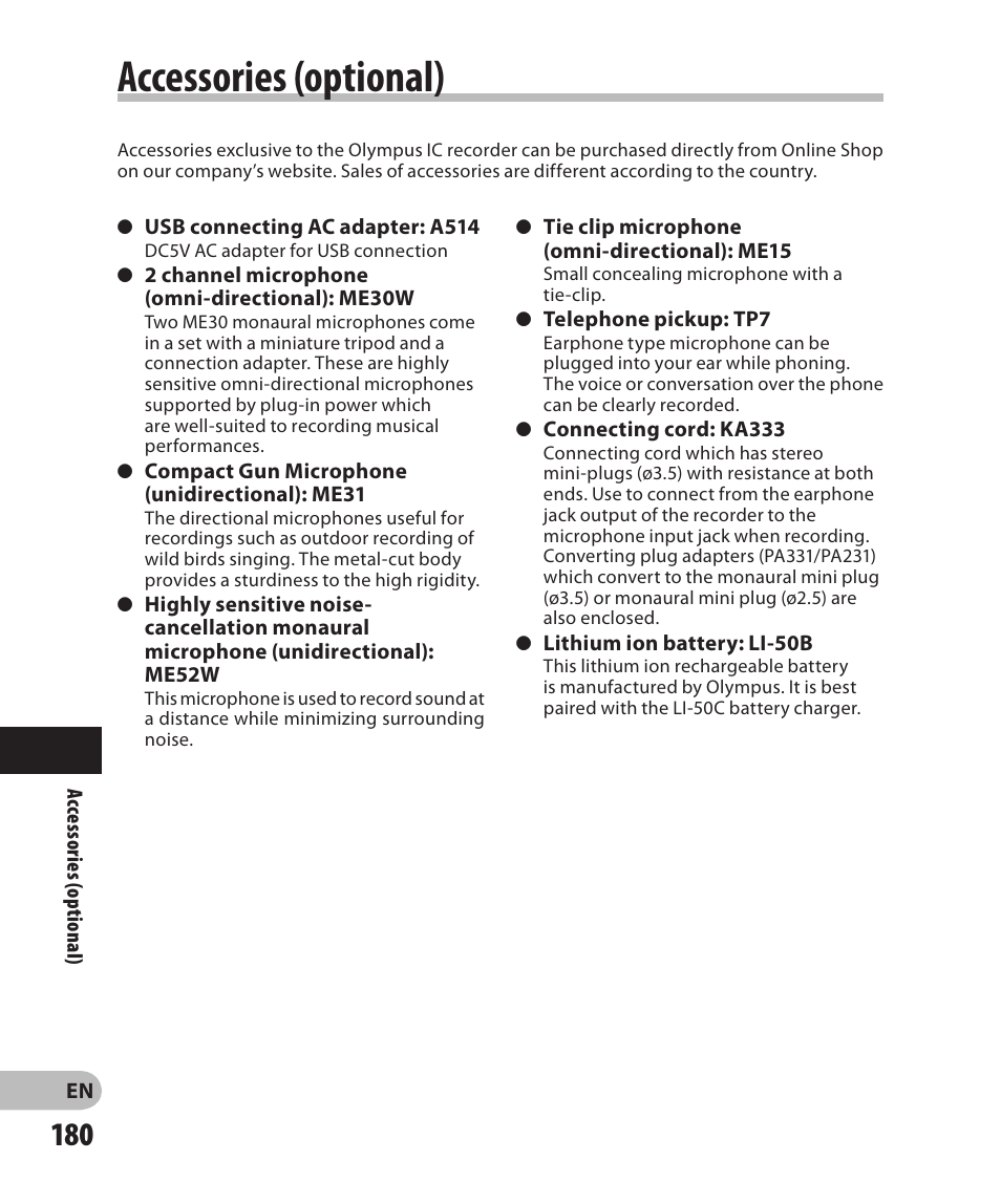 Accessories (optional) | Olympus DM-2 User Manual | Page 180 / 185