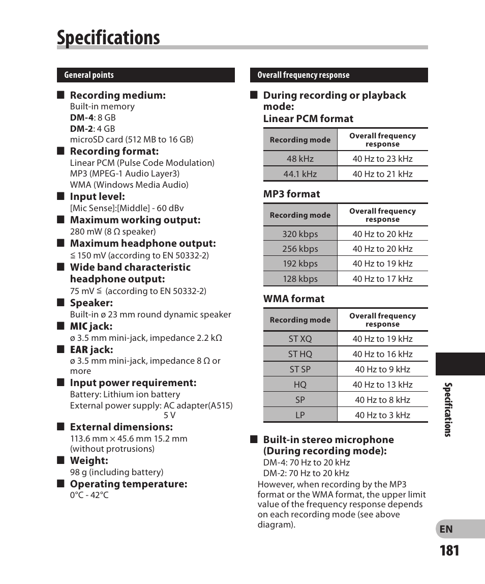 Specifications | Olympus DM-2 User Manual | Page 181 / 185