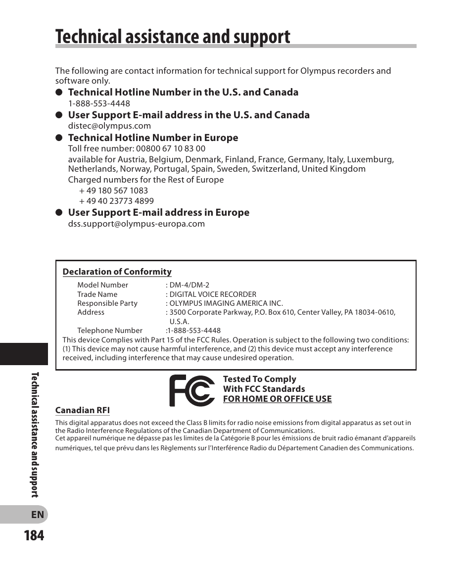 Technical assistance and support | Olympus DM-2 User Manual | Page 184 / 185