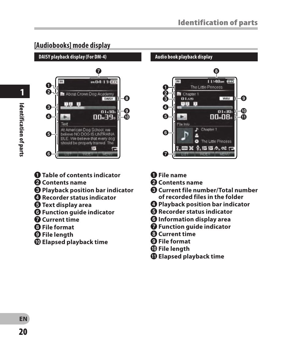 Audiobooks] mode display, Identification of parts [audiobooks] mode display | Olympus DM-2 User Manual | Page 20 / 185