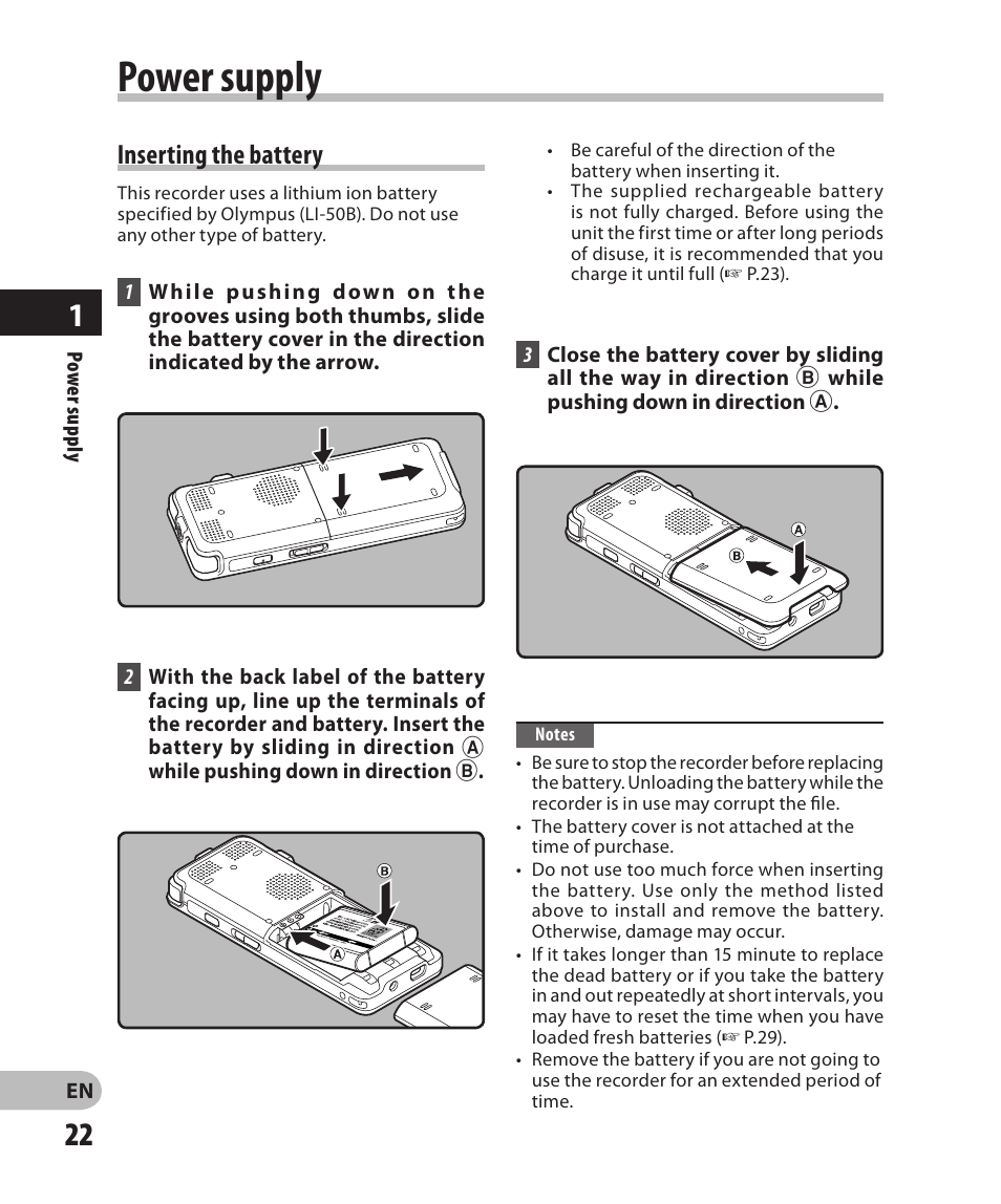 Power supply, Inserting the battery | Olympus DM-2 User Manual | Page 22 / 185