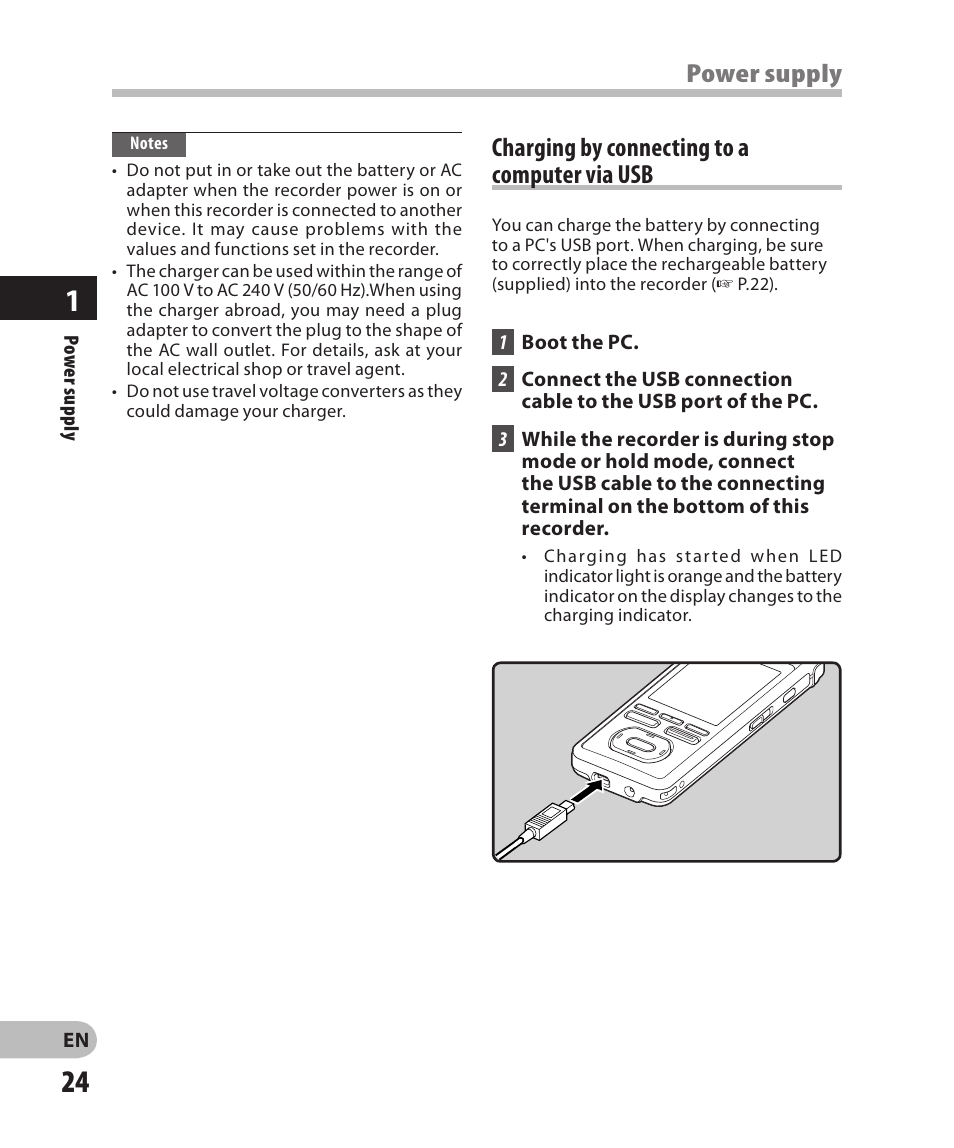 Charging by connecting to acomputer via usb, Power supply, Charging by connecting to a computer via usb | Olympus DM-2 User Manual | Page 24 / 185
