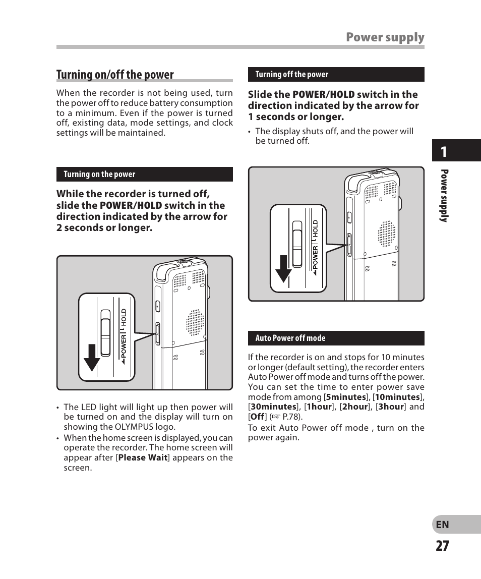 Turning on/off the power, Power supply | Olympus DM-2 User Manual | Page 27 / 185