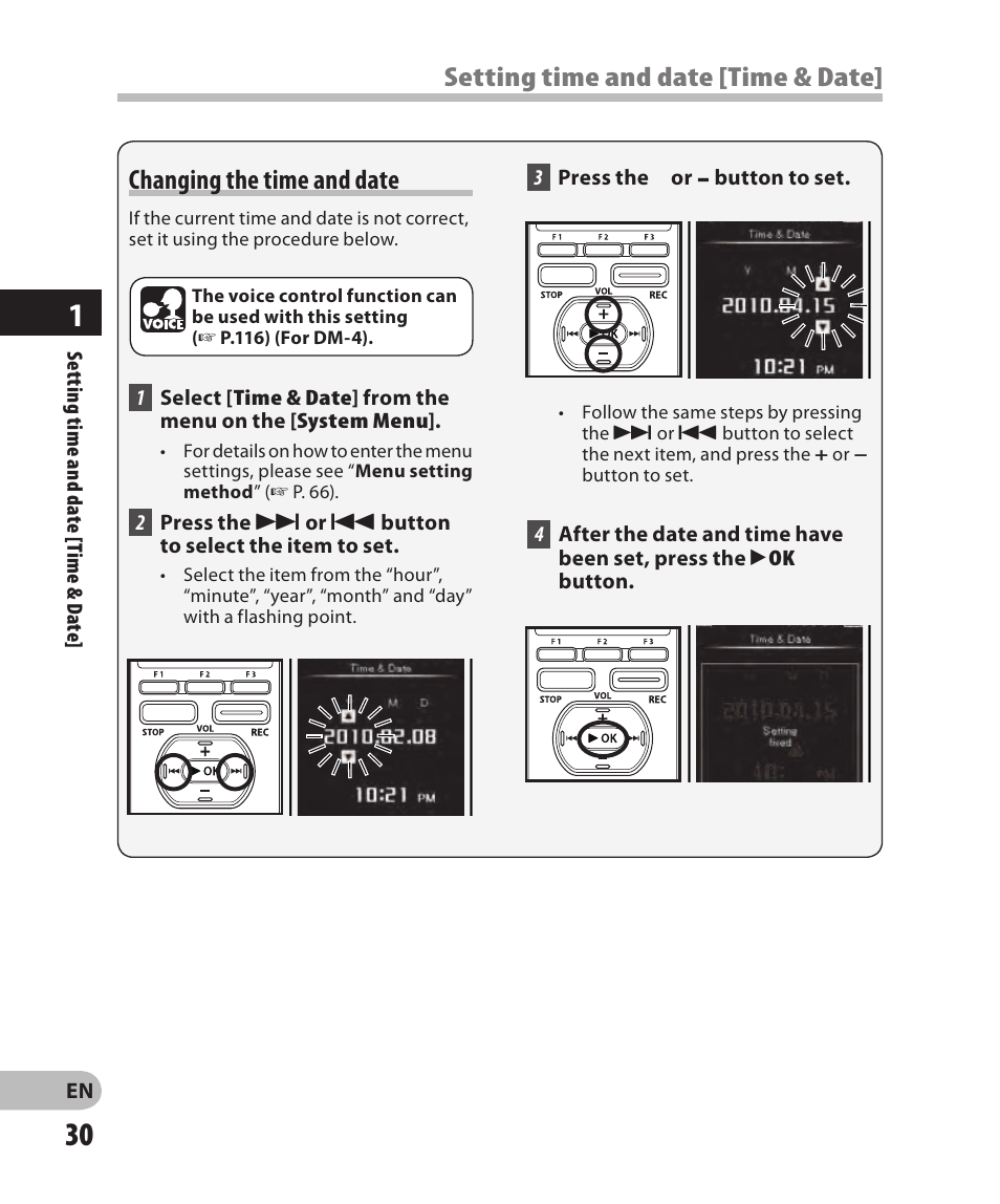 Changing the time and date, Setting time and date [time & date | Olympus DM-2 User Manual | Page 30 / 185