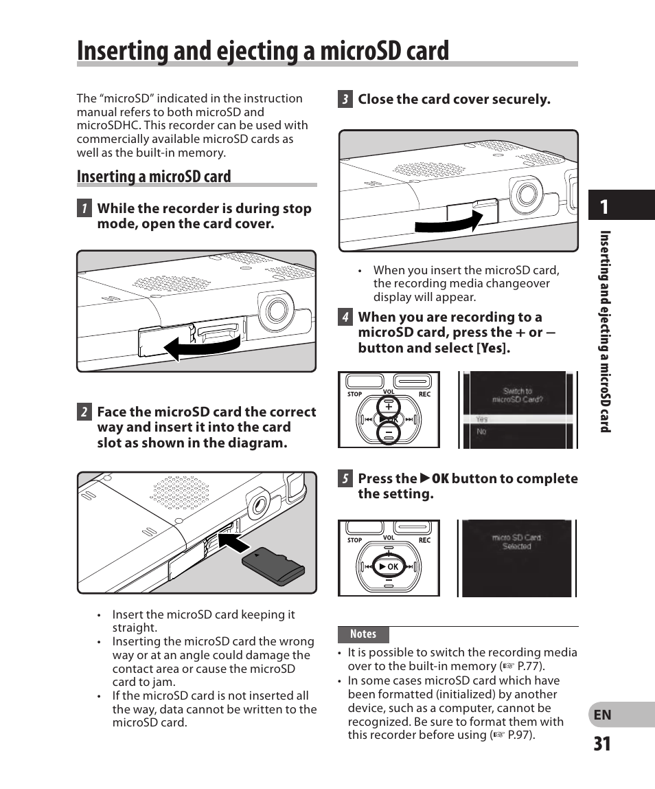 Inserting and ejecting a microsd card, Inserting a microsd card | Olympus DM-2 User Manual | Page 31 / 185