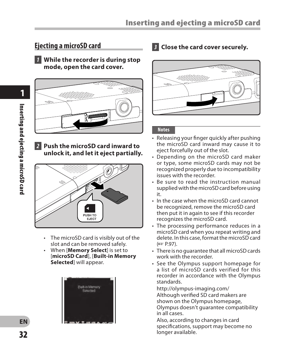 Ejecting a microsd card, Inserting and ejecting a microsd card | Olympus DM-2 User Manual | Page 32 / 185