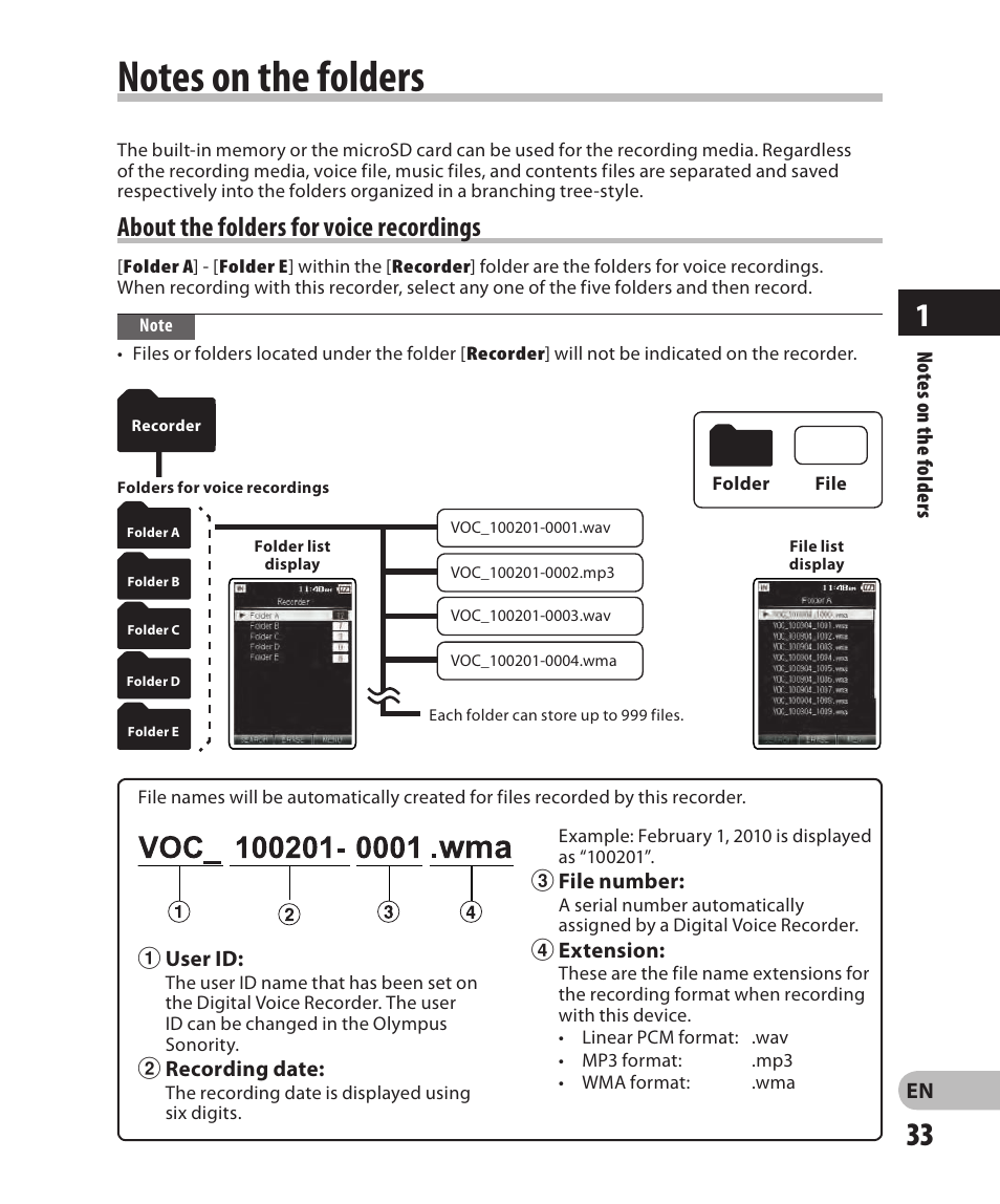Notes on the folders, About the folders for voice recordings | Olympus DM-2 User Manual | Page 33 / 185