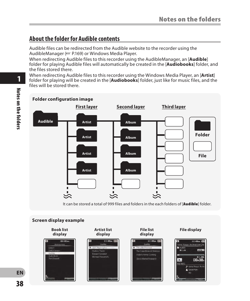 About the folder for audible contents | Olympus DM-2 User Manual | Page 38 / 185