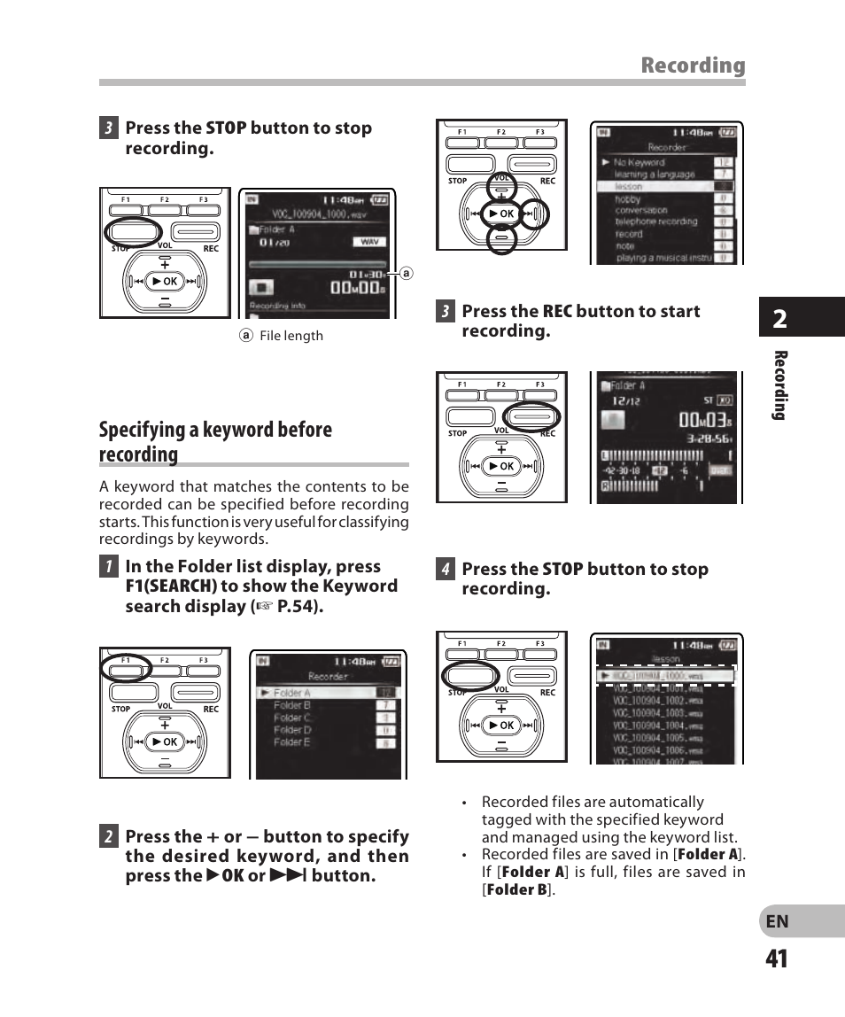 Specifying a keyword beforerecording, Recording, Specifying a keyword before recording | Olympus DM-2 User Manual | Page 41 / 185