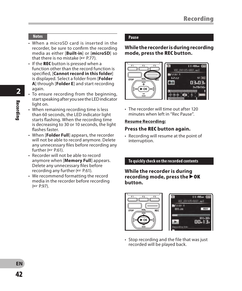 Recording | Olympus DM-2 User Manual | Page 42 / 185