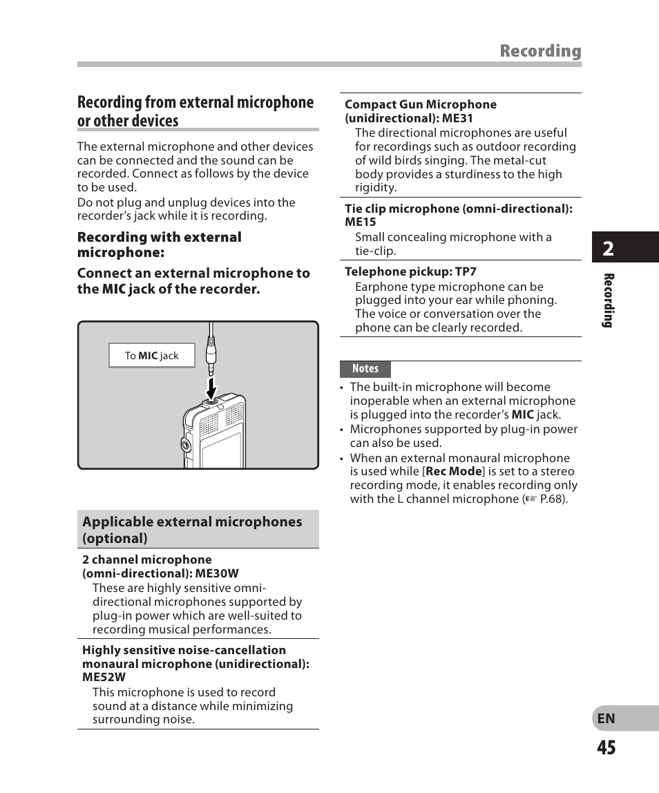 Recording from external microphoneor other devices, Recording | Olympus DM-2 User Manual | Page 45 / 185