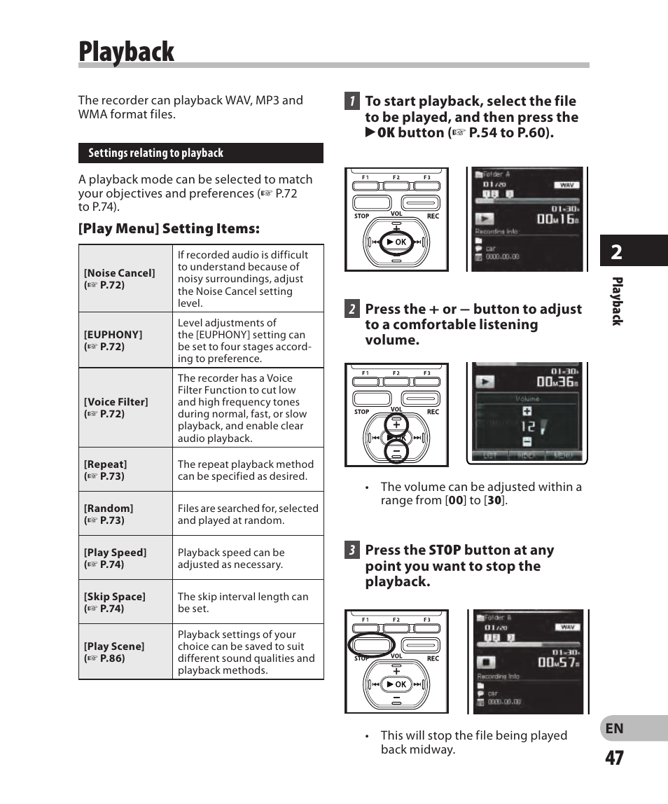 Playback | Olympus DM-2 User Manual | Page 47 / 185