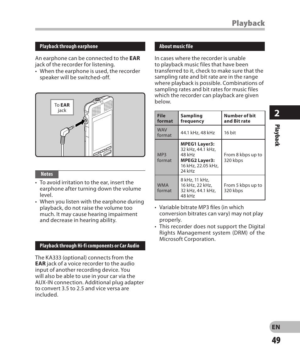 Playback, En pla yb ac k | Olympus DM-2 User Manual | Page 49 / 185