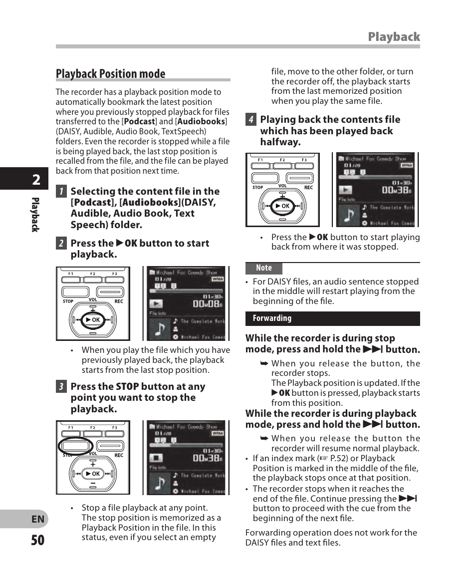 Playback position mode, Playback | Olympus DM-2 User Manual | Page 50 / 185