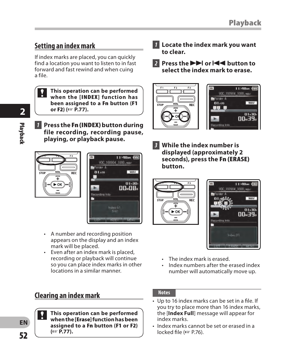 Setting an index mark, Clearing an index mark, Playback | Olympus DM-2 User Manual | Page 52 / 185