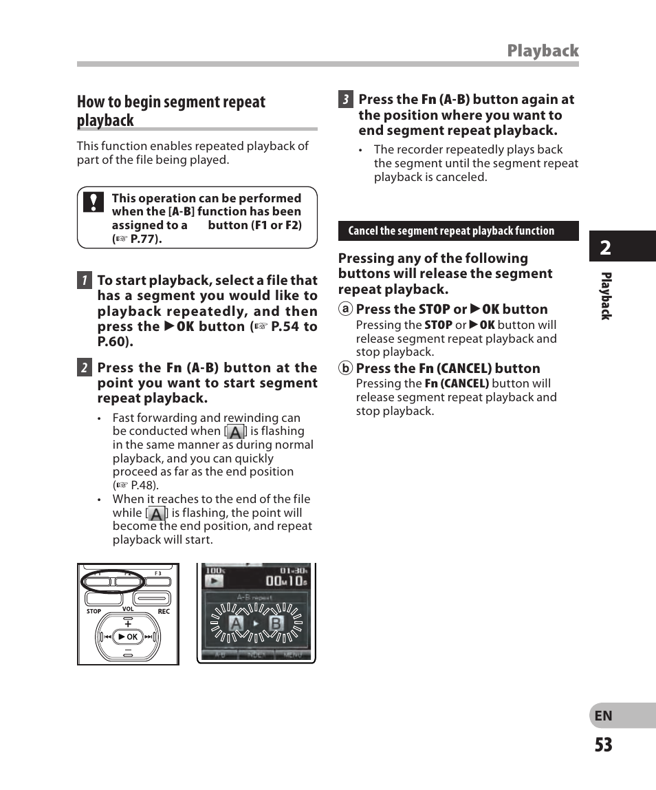 How to begin segment repeatplayback, Playback, How to begin segment repeat playback | Olympus DM-2 User Manual | Page 53 / 185