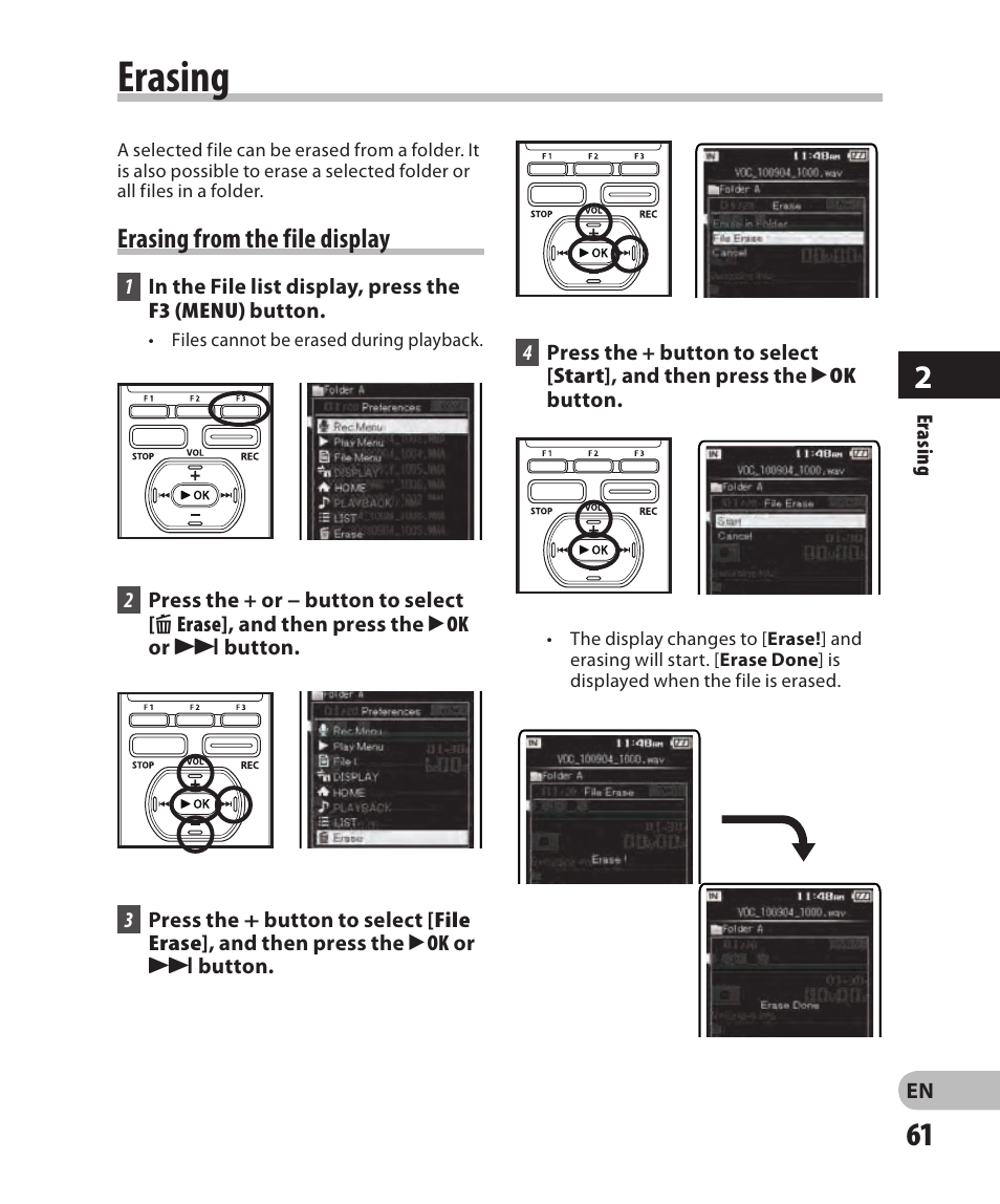 Erasing, Erasing from the file display | Olympus DM-2 User Manual | Page 61 / 185