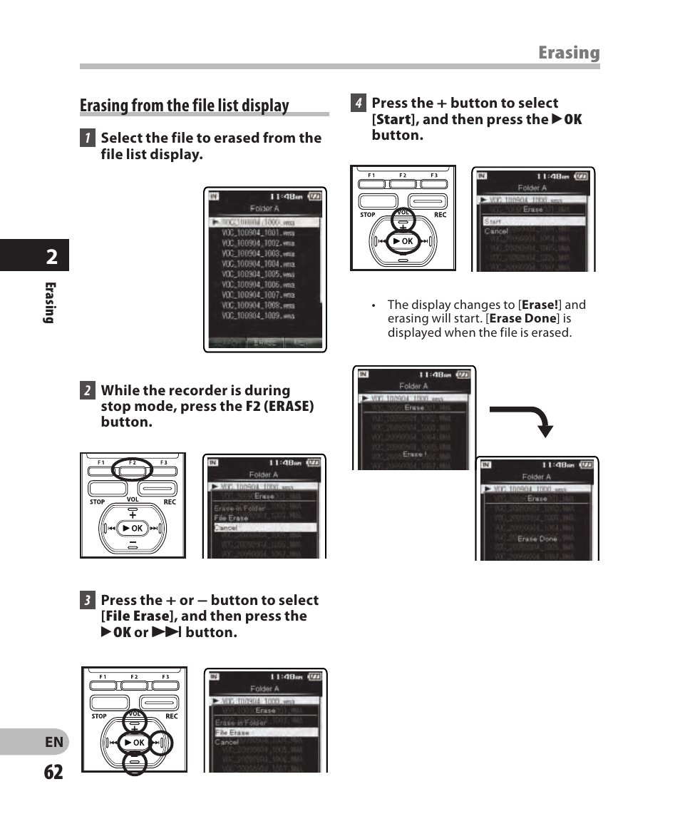 Erasing from the file list display, Erasing | Olympus DM-2 User Manual | Page 62 / 185