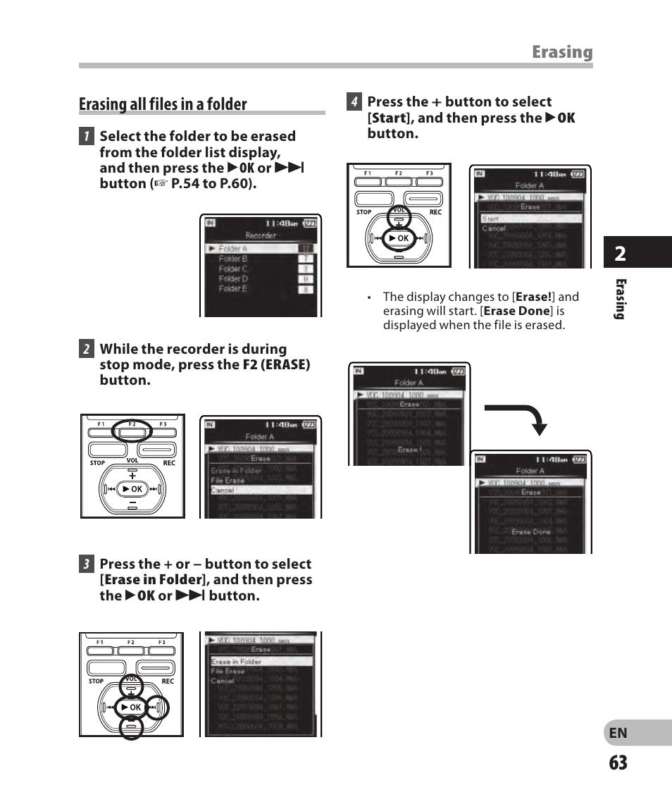 Erasing all files in a folder, Erasing | Olympus DM-2 User Manual | Page 63 / 185