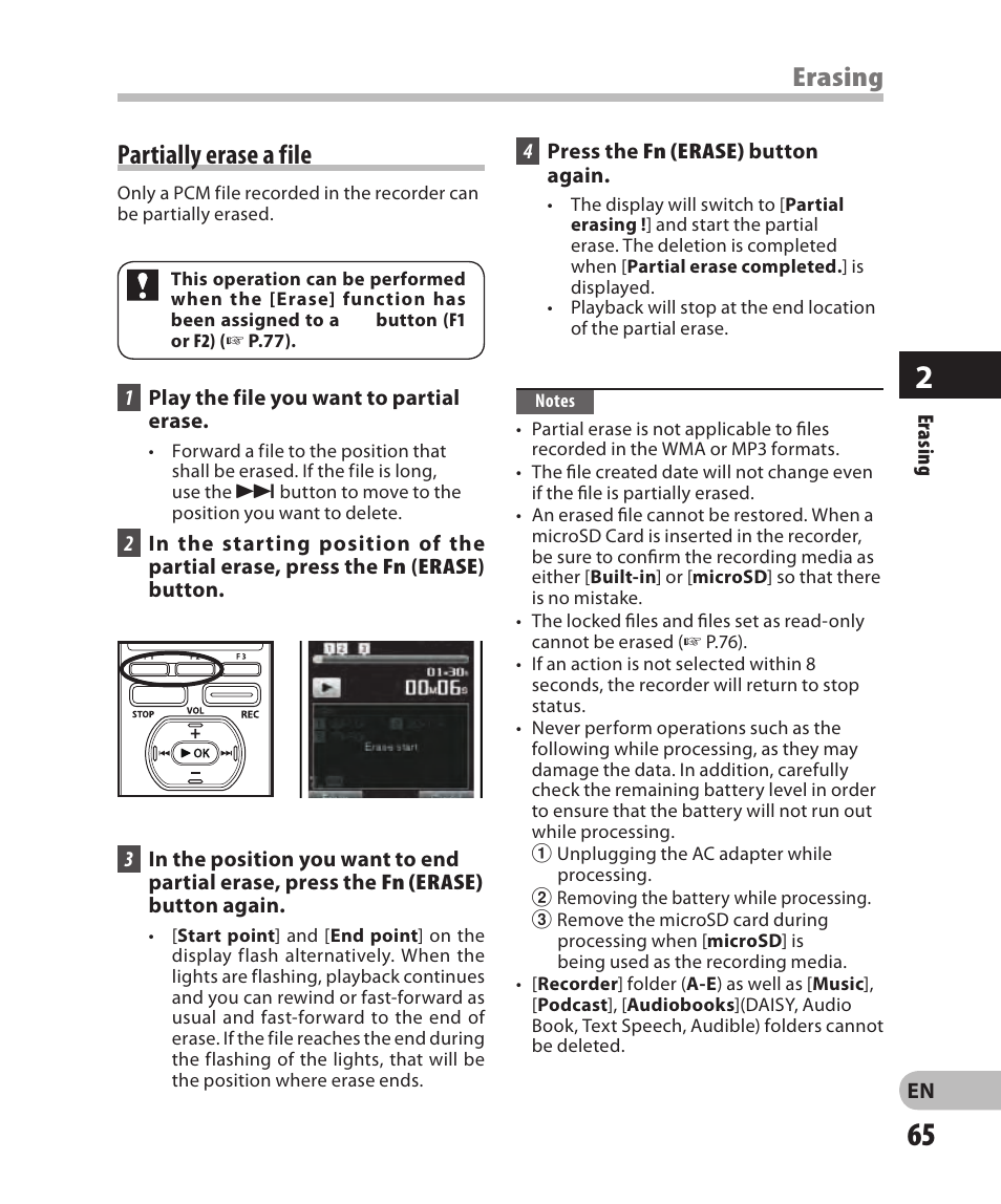 Partially erase a file, Erasing | Olympus DM-2 User Manual | Page 65 / 185