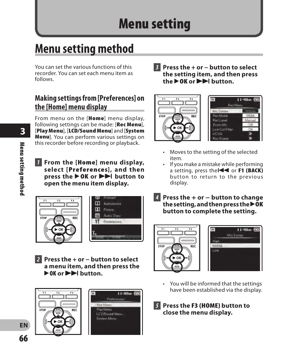 Menu setting, Menu setting method | Olympus DM-2 User Manual | Page 66 / 185