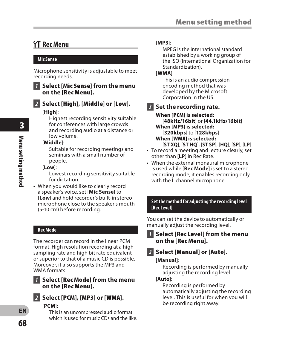 Rec menu, Menu setting method, Grec menu | Olympus DM-2 User Manual | Page 68 / 185