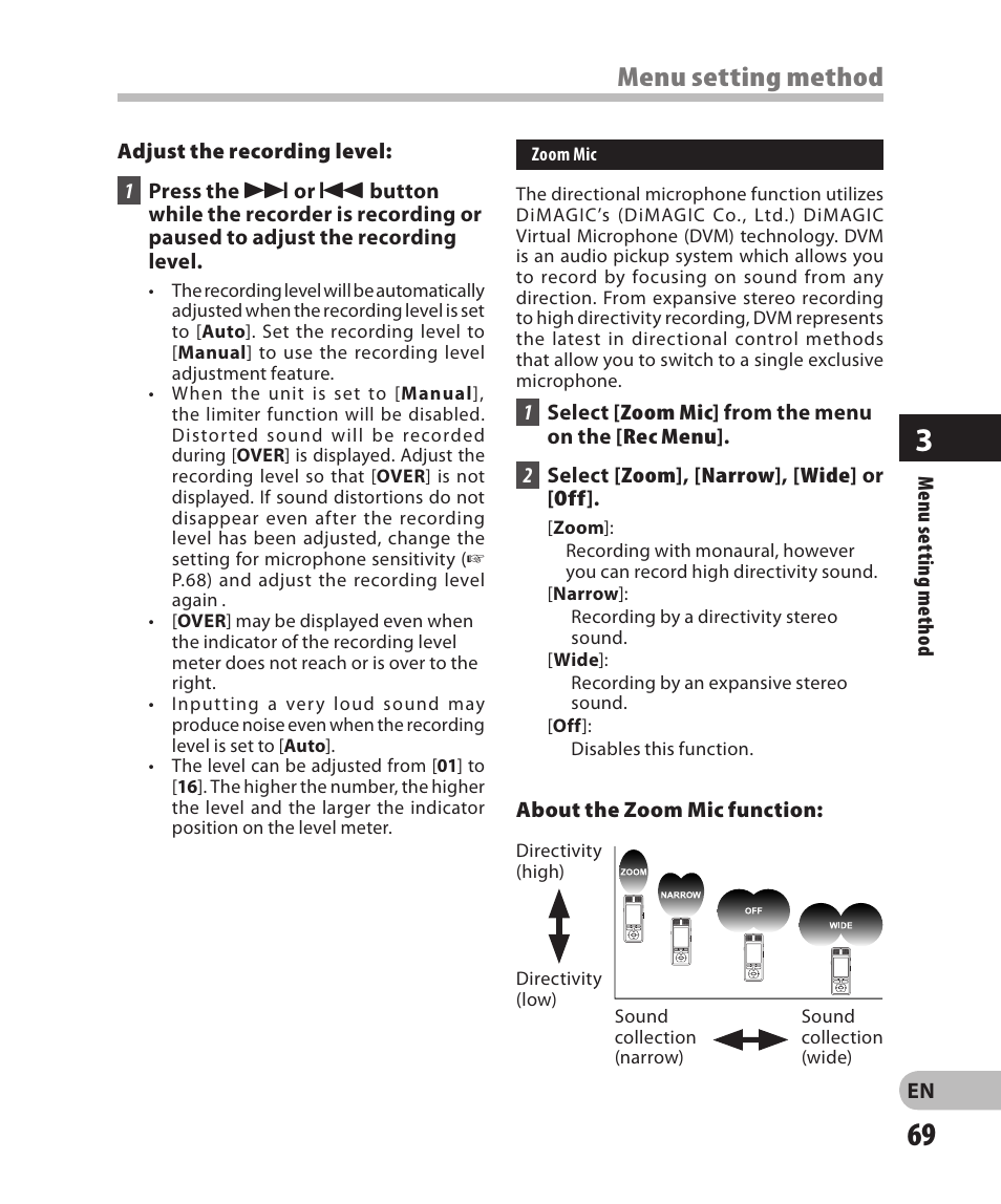Menu setting method | Olympus DM-2 User Manual | Page 69 / 185